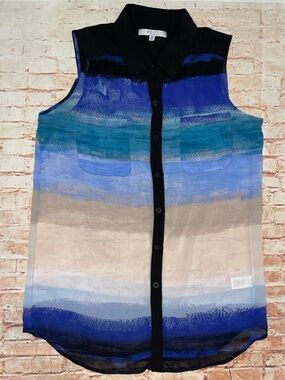 REED Sleeveless Sheer Ombre Stripe Button-Up Blouse in Blue and Tan